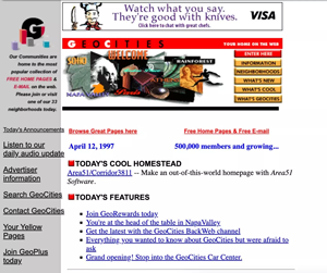 Screencap of GeoCities' main page, circa 1997